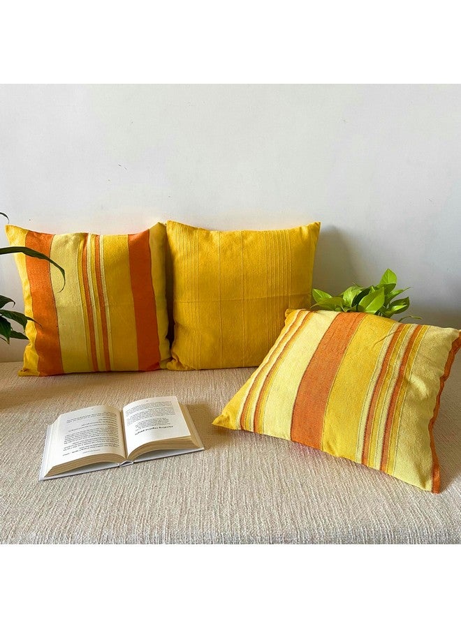 RANGBHAR Handloom Cushion Covers with Concealed Top Zip, Set of 3, Striped, 16 x 16 inch, Yellow - Image 1