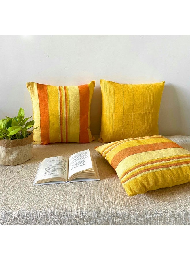 RANGBHAR Handloom Cushion Covers with Concealed Top Zip, Set of 3, Striped, 16 x 16 inch, Yellow - Image 2