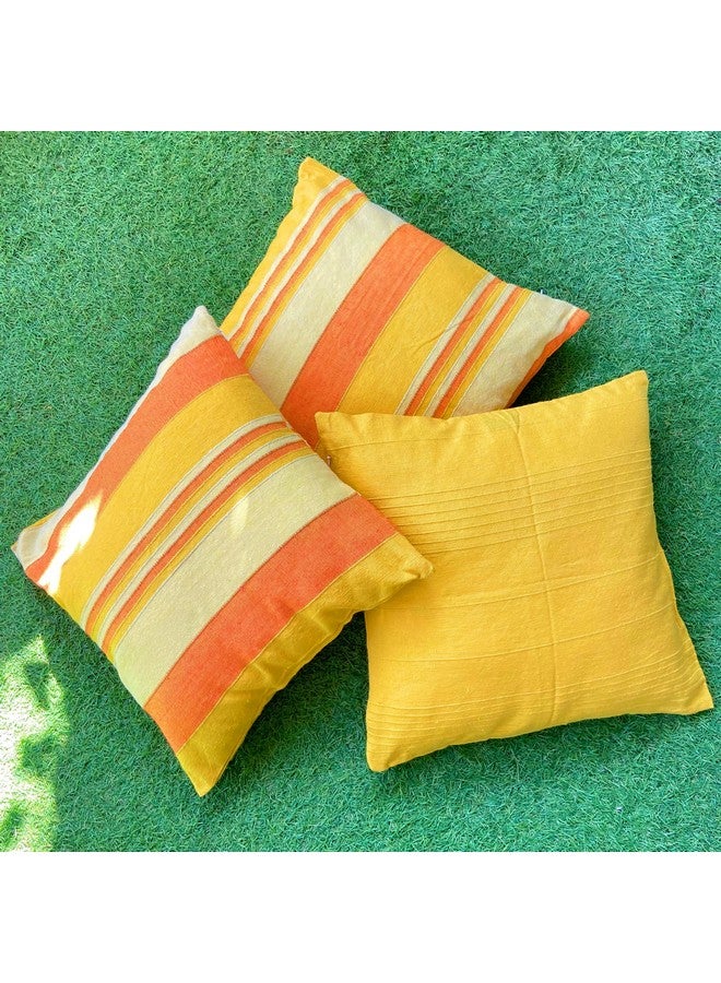 RANGBHAR Handloom Cushion Covers with Concealed Top Zip, Set of 3, Striped, 16 x 16 inch, Yellow - Image 4
