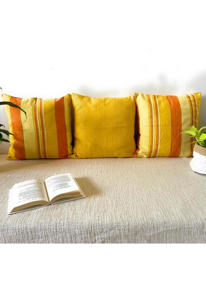 RANGBHAR Handloom Cushion Covers with Concealed Top Zip, Set of 3, Striped, 16 x 16 inch, Yellow - Image 3