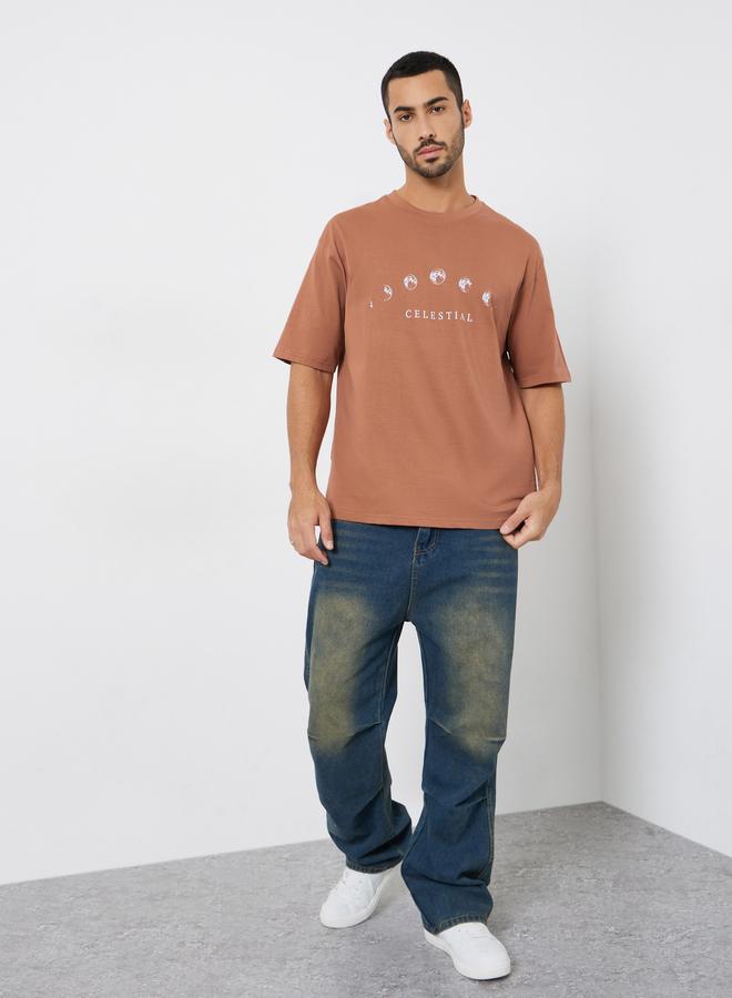 Styli Men Brown Celestial Graphic Oversized T-Shirt - Image 2