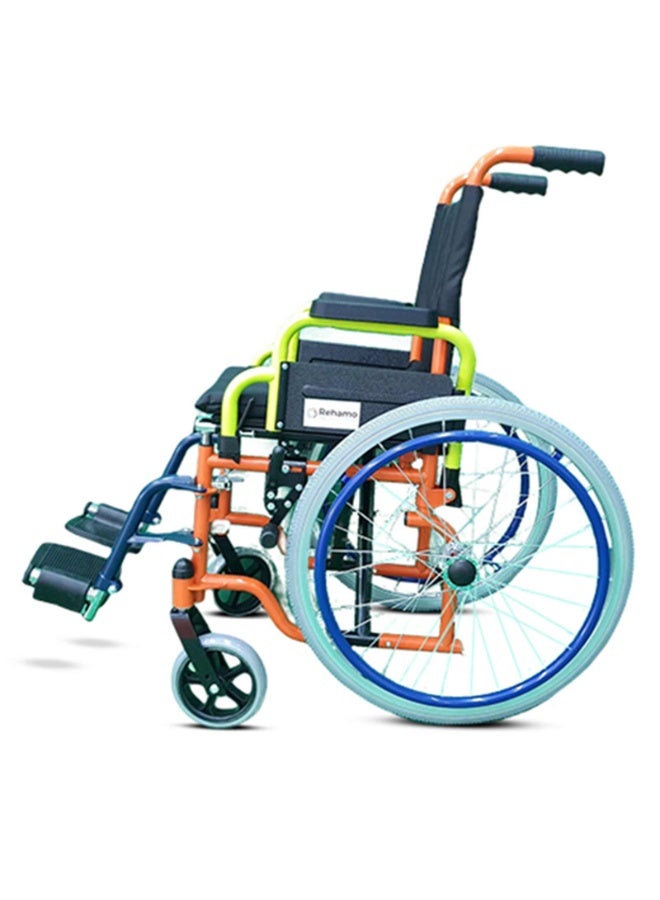 ريهامو Rehamo Neo Pediatric Lightweight Foldable Wheelchair 14 Inch For Children, Multi-Functional, Manual Folding w/Safety Belt, Swing-Away Foot Support w/Straps | Multi Color Frame - Image 2