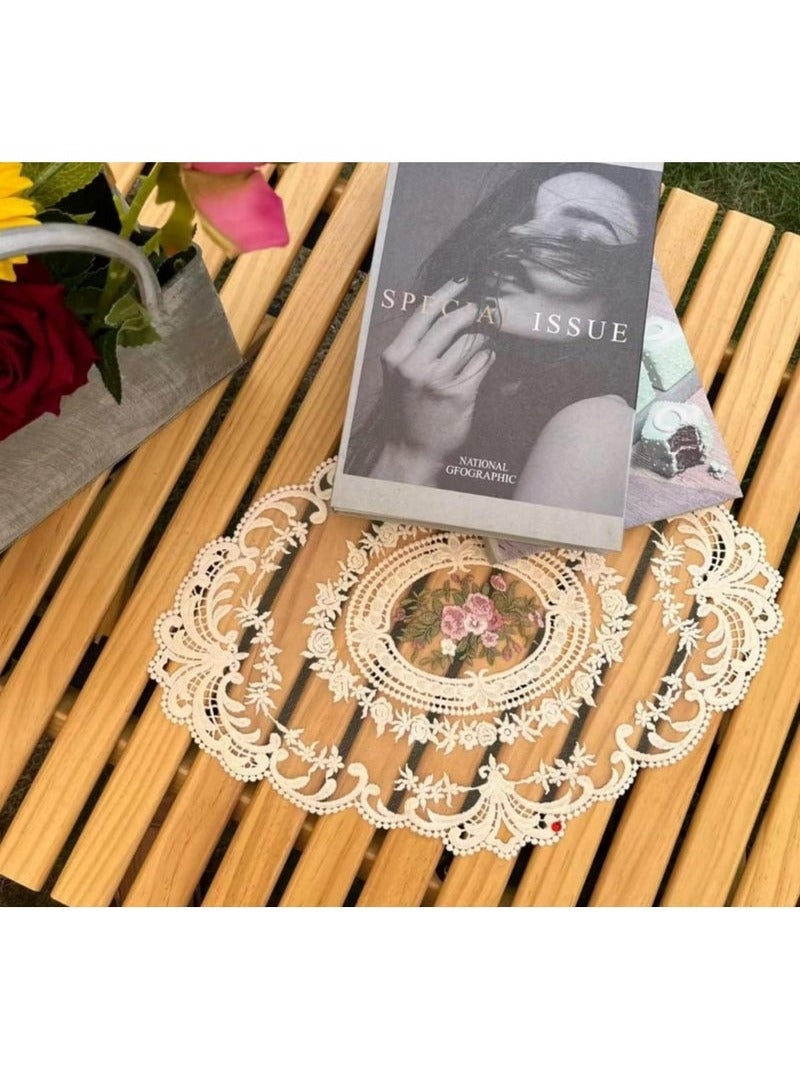 OMEVE 2 Pcs Retro French Style Lace Placemats Fashionable Embroidered Cup Mat vase mat 12.59inch*16.92inch,Beige - Image 4