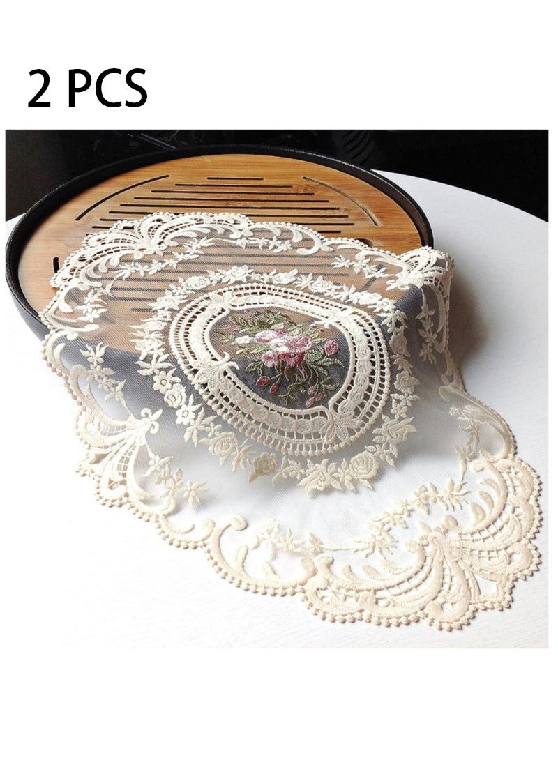 OMEVE 2 Pcs Retro French Style Lace Placemats Fashionable Embroidered Cup Mat vase mat 12.59inch*16.92inch,Beige - Image 1