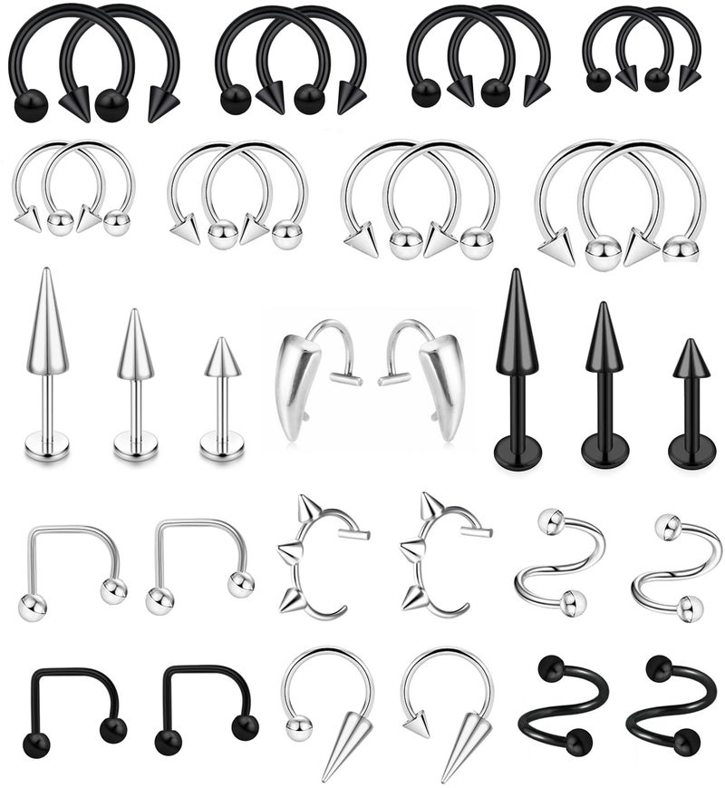 MONAZEO 36Pcs 16G Lip Rings Stainless Steel Snake Bite Piercing Labret Jewelry Medusa Spiral Barbell Helix Tragus Earrings Hoop Horseshoe Septum Nose Cartilage Piercings - Image 1