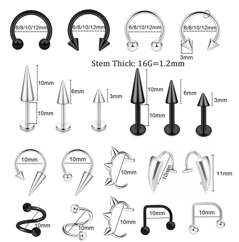 MONAZEO 36Pcs 16G Lip Rings Stainless Steel Snake Bite Piercing Labret Jewelry Medusa Spiral Barbell Helix Tragus Earrings Hoop Horseshoe Septum Nose Cartilage Piercings - Image 3