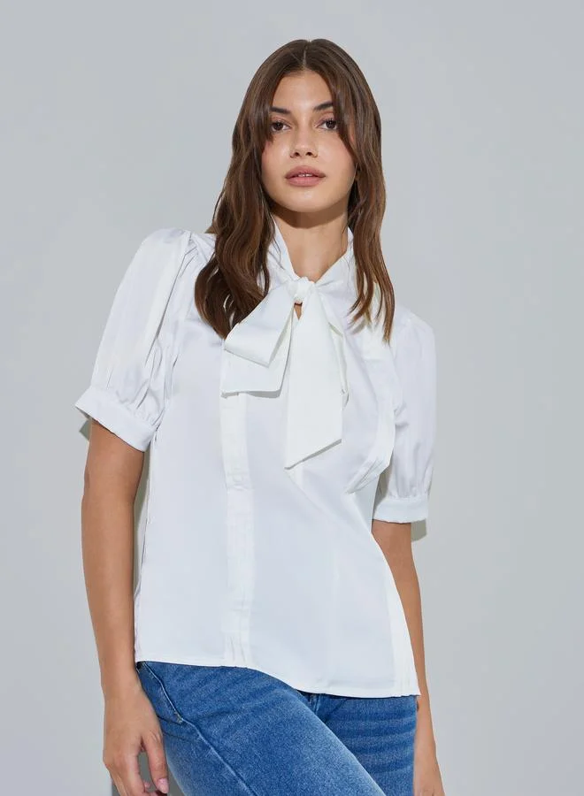 Styli White Solid Tie-Neck Blouse With Pintuck Detail