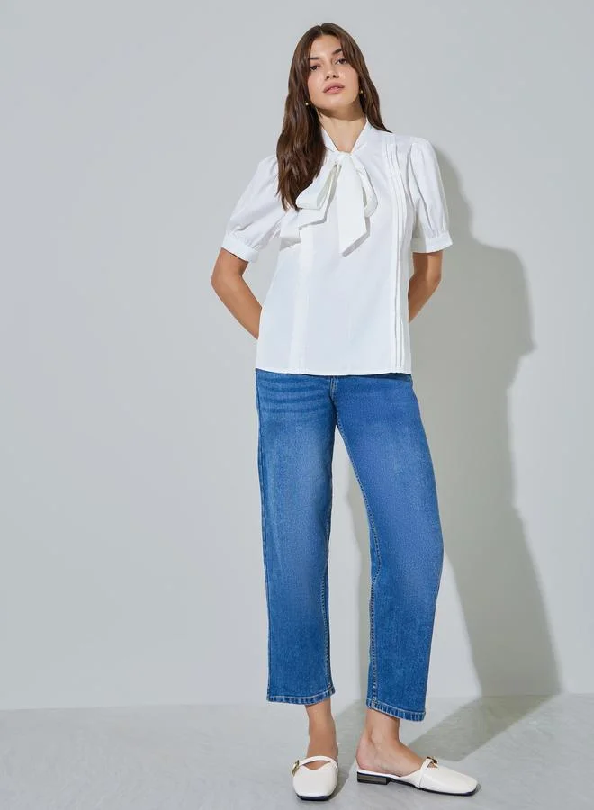 Styli White Solid Tie-Neck Blouse With Pintuck Detail