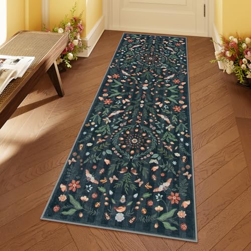 La Home Lahome Insect Botanical 2x6 Washable Rug Runners for Hallways Non Slip, Black Bathroom Kitchen Runner Rugs Non Skid, Soft Non-Slip Entryway Indoor Carpet for Laundry Bedroom - Image 1