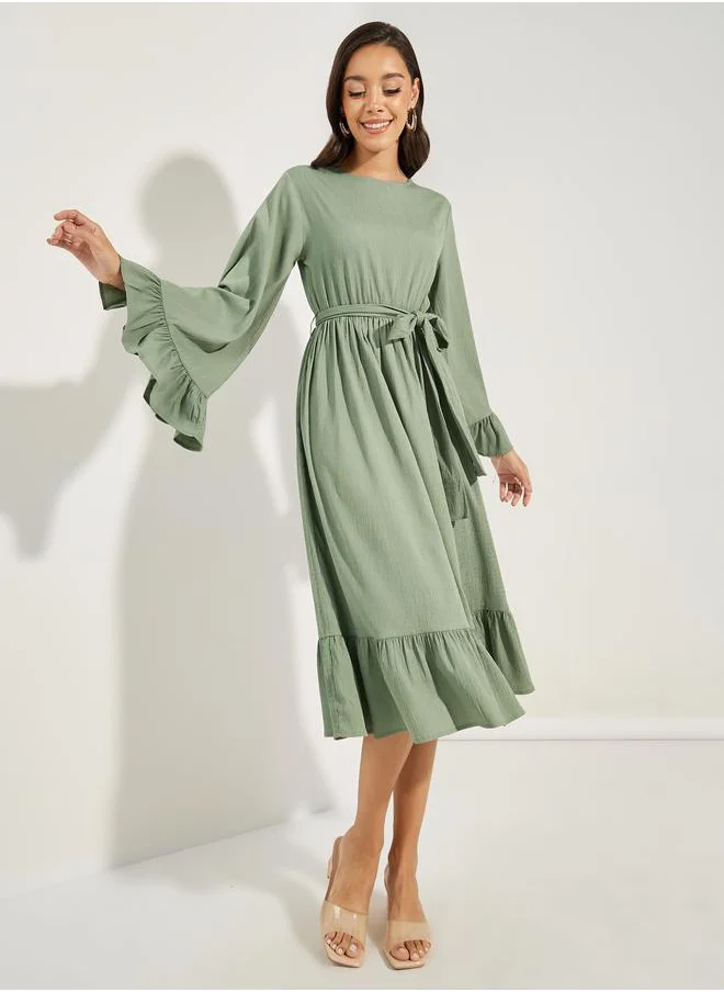 Styli Wide Frill Sleeves Midi Dress with Tie Belt