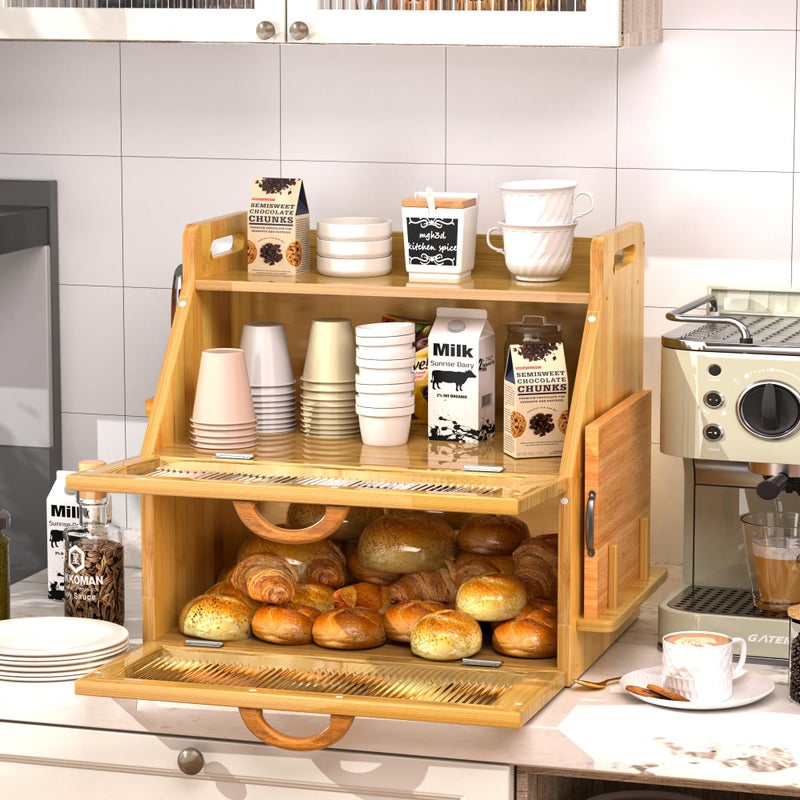 TQQDCI Bread Box for Kitchen Countertop, Large Bread Storage Container for Homemade Bread, Wooden Farmhouse Breadbox Organizers, Double Layer Bread Bin with Acrylic Window Bread Holder, Brown - Image 2