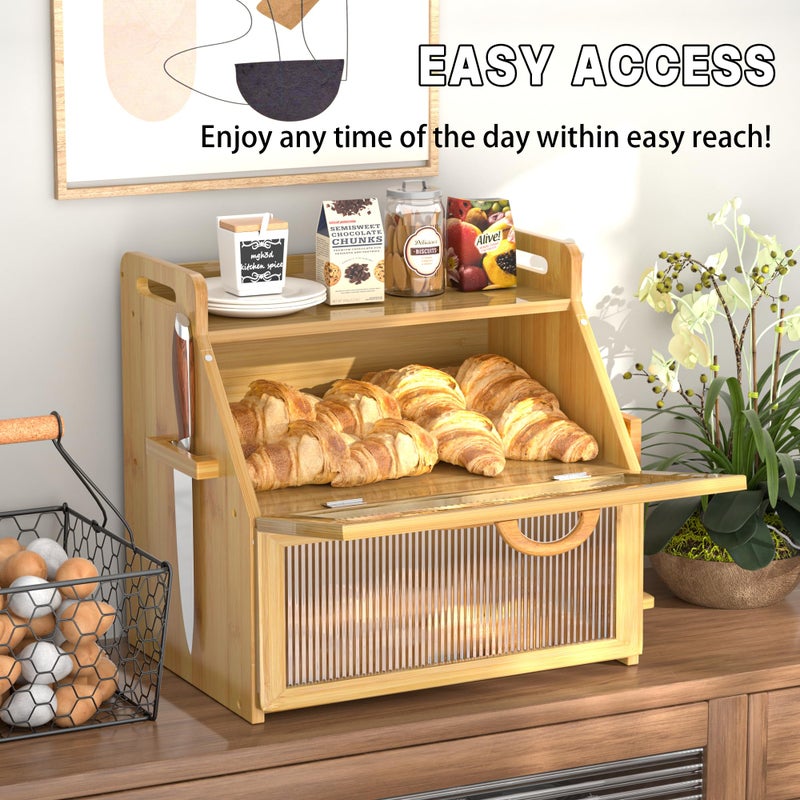 TQQDCI Bread Box for Kitchen Countertop, Large Bread Storage Container for Homemade Bread, Wooden Farmhouse Breadbox Organizers, Double Layer Bread Bin with Acrylic Window Bread Holder, Brown - Image 5