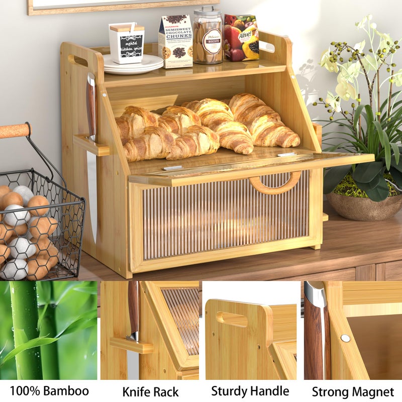TQQDCI Bread Box for Kitchen Countertop, Large Bread Storage Container for Homemade Bread, Wooden Farmhouse Breadbox Organizers, Double Layer Bread Bin with Acrylic Window Bread Holder, Brown - Image 4