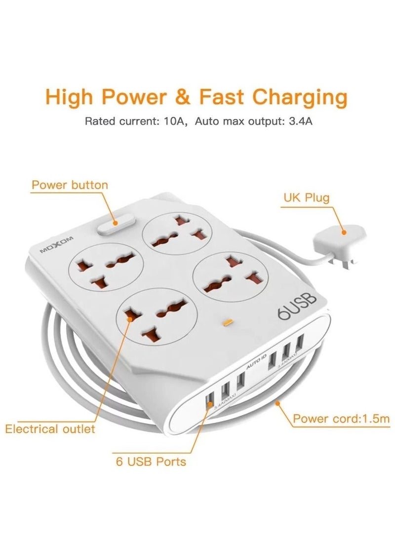 MOXOM - KH-63 4 Power Socket With 6 USB Extension White - Image 1