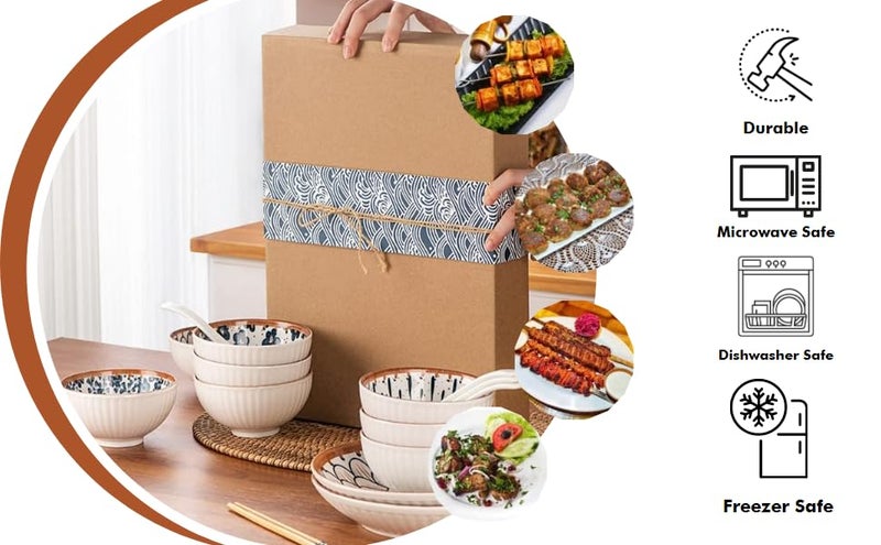 Eletree Dinner Serving Ramen Porcelain Bowls Set with Gift Box Lunch|Dinner|Festive Gifts Large Capacity Ceramic Snack Plate Rice|Soup|Side Dishes|Ice Cream|Yogurt ((4bowl+2plate+4spoon+8chopstick)) - Image 5