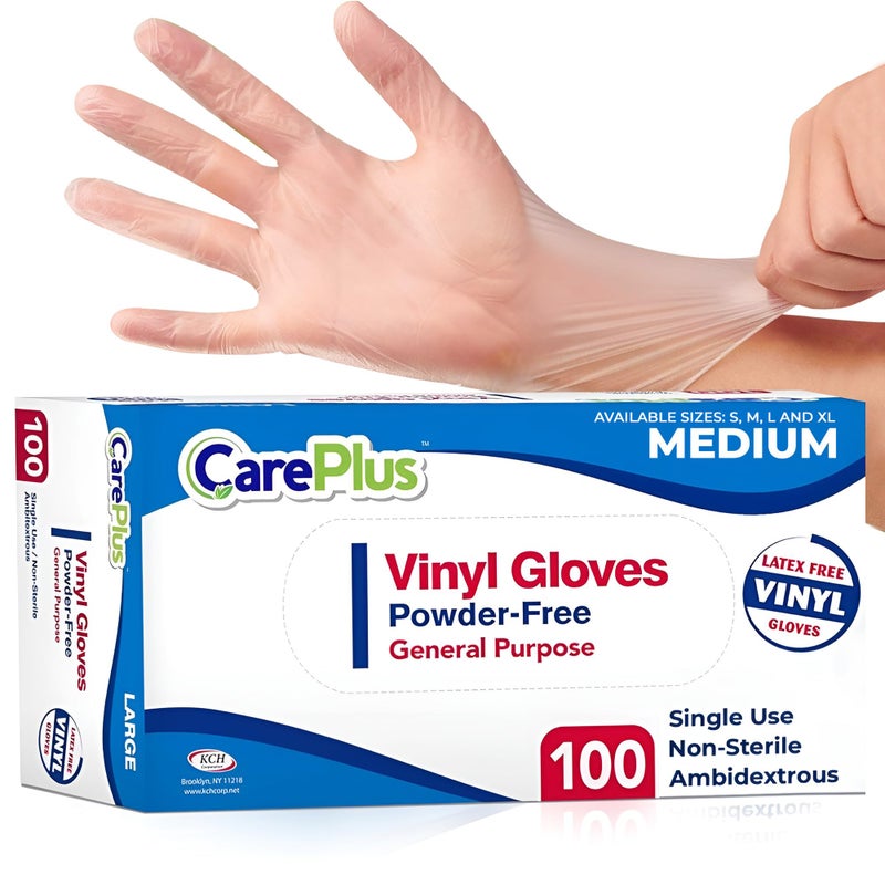 CARE PLUS Latex-Free Vinyl Gloves Clear Medium Size 100 Count | Heavy Duty, Non-Sterile, Powder-Free, Rubber | Food Prep, Kitchen & Cleaning Gloves, Ideal for Professional Use - Image 1