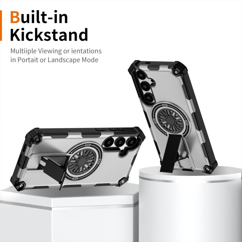 erorex For Samsung Galaxy S24+ 5G Shockproof Kickstand Metallic Shaft MagSafe Phone Case(Silver) - Image 2