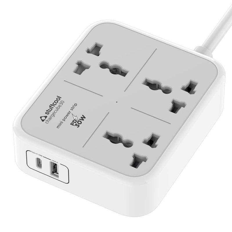 Stuffcool ChargeCube 30 Mini Extension Board with Surge Protector, 3 AC Sockets and 30W Dual Type-C PD/PPS Output for Super Fast Charging – Charges Samsung Phones, iPhones 50% in 30 Mins, MacBook Air - Image 1