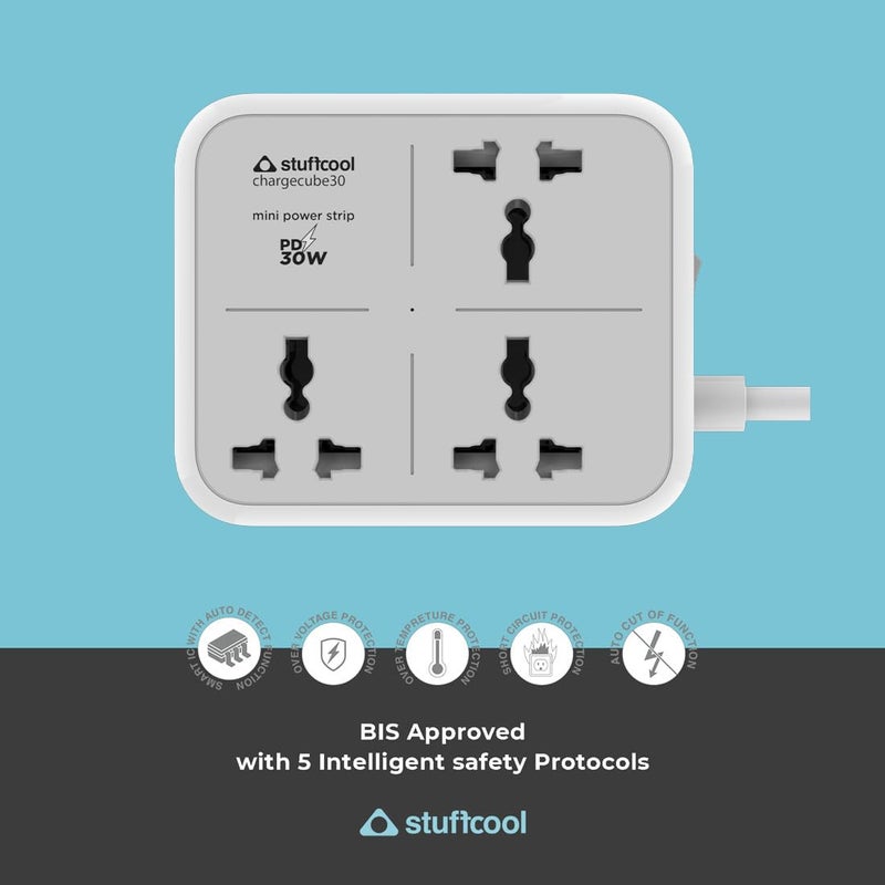 Stuffcool ChargeCube 30 Mini Extension Board with Surge Protector, 3 AC Sockets and 30W Dual Type-C PD/PPS Output for Super Fast Charging – Charges Samsung Phones, iPhones 50% in 30 Mins, MacBook Air - Image 4