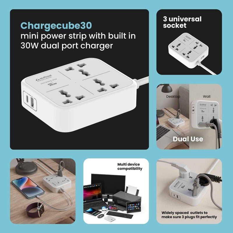 Stuffcool ChargeCube 30 Mini Extension Board with Surge Protector, 3 AC Sockets and 30W Dual Type-C PD/PPS Output for Super Fast Charging – Charges Samsung Phones, iPhones 50% in 30 Mins, MacBook Air - Image 3
