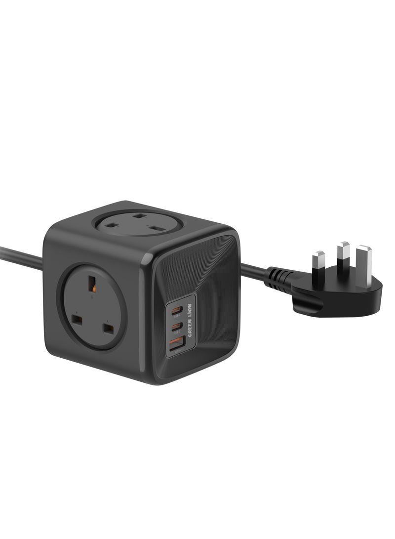 GREEN LION 7 In 1 Compact Power Socket 33W PPS / 2 USB-C / 1 USB-A / 4-UK Plug Sockets / 1.5 m Power Cord / Multiple Protection / GaN Technology / Universal Compatibility / 3250W Power - Black - Image 1