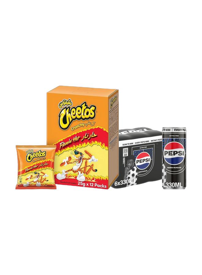 Pepsi Cheetos Crunchy Flaming Hot , 25g × 12 Pack of 12 + Pepsi Carbonated Soft Drink Zero Calories And No Sugar Cans 330ml Pack of 6 - Image 1