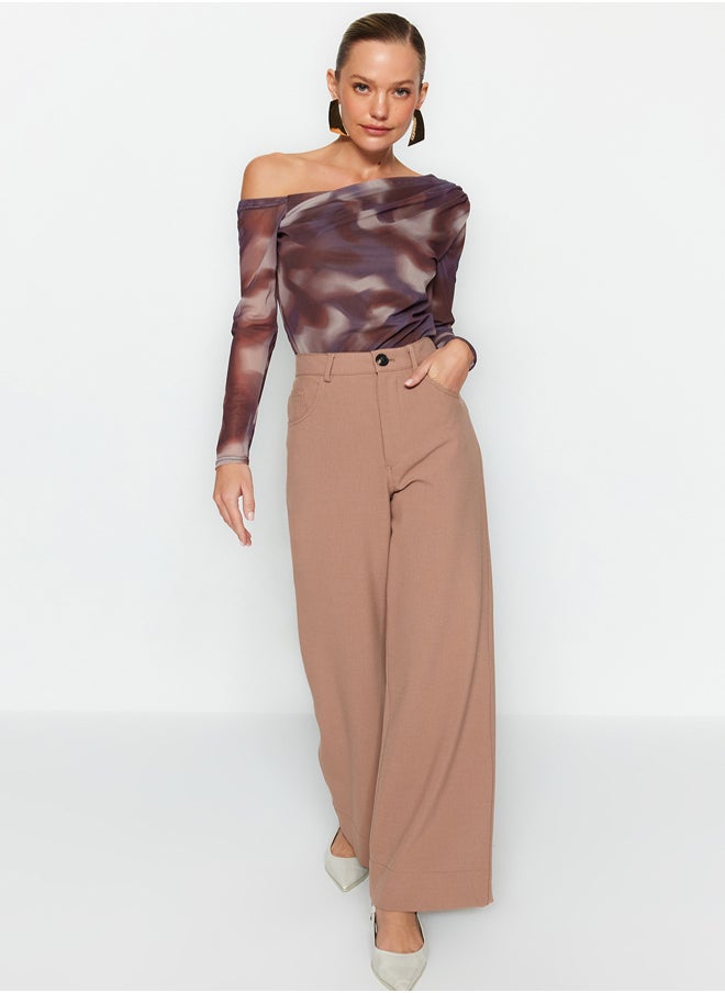 trendyol - Brown Tulle Lined Asymmetrical Collar Knitted Blouse TWOAW24BZ00051 - Image 1