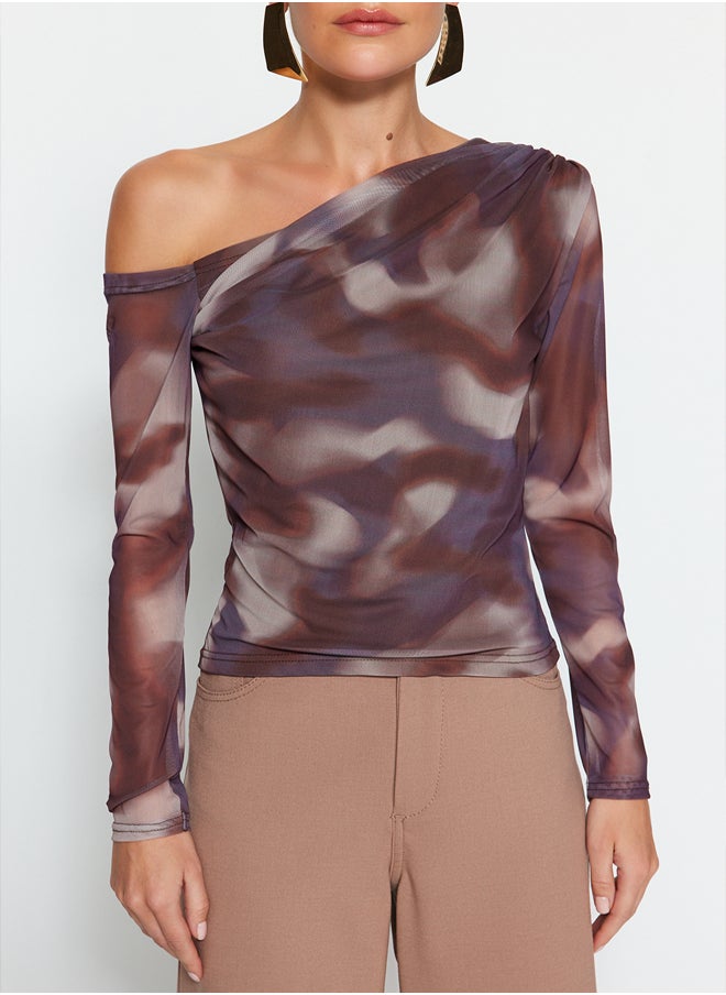 trendyol - Brown Tulle Lined Asymmetrical Collar Knitted Blouse TWOAW24BZ00051 - Image 1