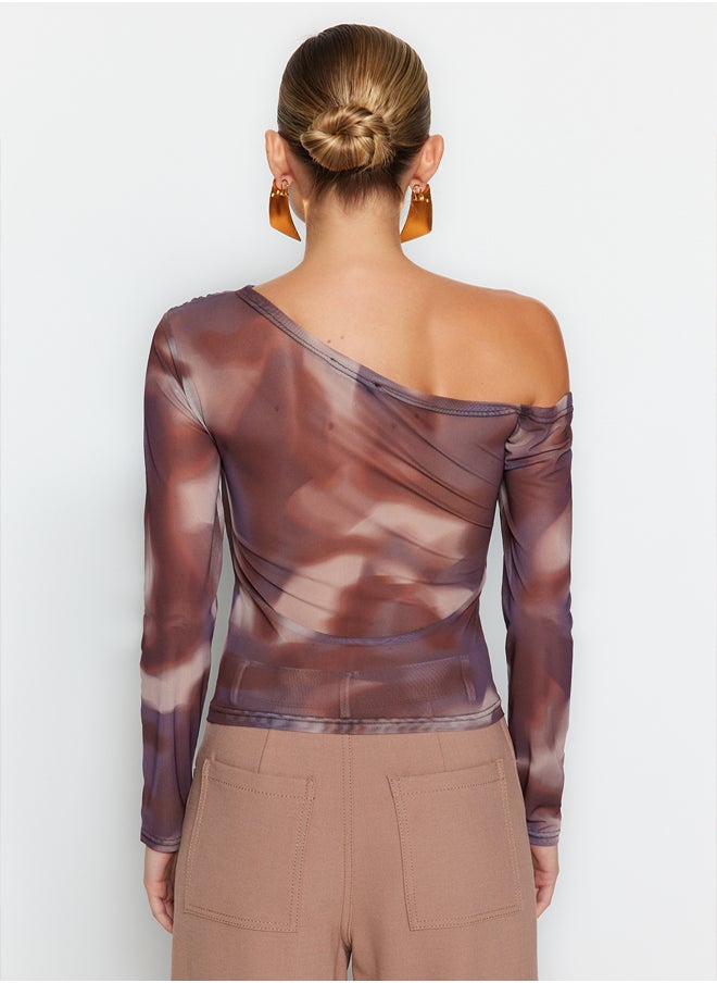 trendyol - Brown Tulle Lined Asymmetrical Collar Knitted Blouse TWOAW24BZ00051 - Image 1
