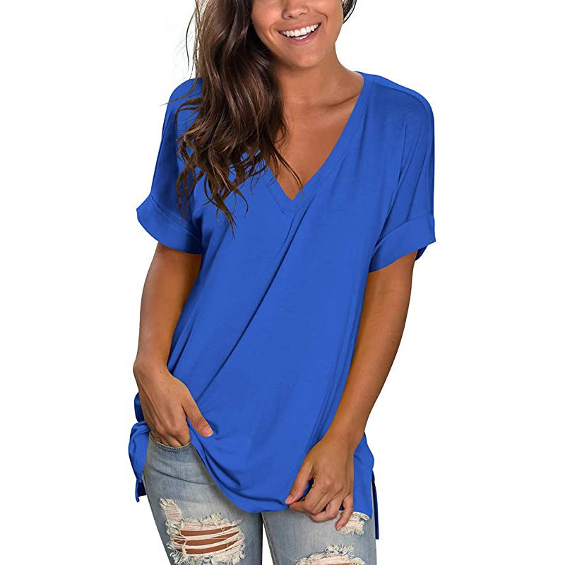 Trade 2022 Explosions V-Neck Solid Color Short-Sleeved Top Loose Women'S T-Shirt - Image 1