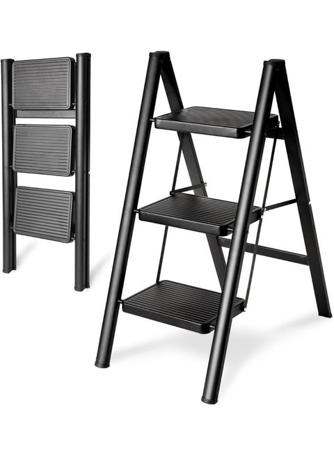3 Step Ladder, Multipurpose Step Ladder Folding Ladder with Wide Anti-Slip Pedal, Step Stool Portable Lightweight Foldable Stepladder for Home Kitchen Library Office Holds up to 150 KG (3 STEPS)