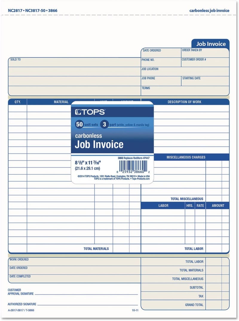 TOPS Job Invoice with Materials List, 3-Part, Carbonless, 8.5 x 11 Inches, 50 Sets per Pack - Image 2
