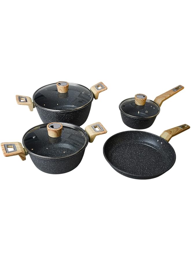 كادي ون مجموعة أواني ومقالي من الجرانيت مع أسطح غير لاصقة ومقابض عازلة للحرارة وأغطية من الفولاذ المقاوم للصدأ المقسّى، 7 قطع