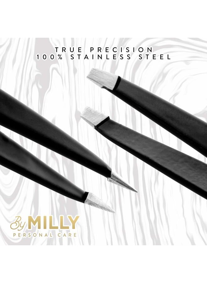 By MILLY مجموعة ملاقط دقيقة | مجموعة ملاقط بزاوية ونقطة | فولاذ مقاوم للصدأ عالي الكربون | مجموعة ملاقط مصفوفة ومصقولة يدويًا احترافية | مجموعة ملاقط لإزالة الشعر والحواجب | سوداء - Image 4
