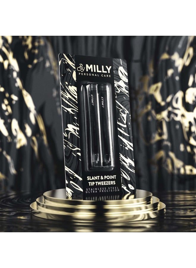 By MILLY مجموعة ملاقط دقيقة | مجموعة ملاقط بزاوية ونقطة | فولاذ مقاوم للصدأ عالي الكربون | مجموعة ملاقط مصفوفة ومصقولة يدويًا احترافية | مجموعة ملاقط لإزالة الشعر والحواجب | سوداء - Image 3