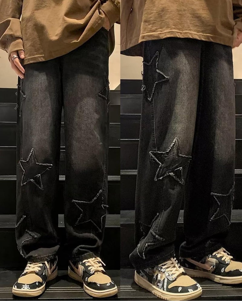 HBER Mens Y2k Star Jeans High Waisted Hip Hop Streetwear Jeans Loose Baggy Embroidery Aesthetic Harajuku Denim Pants Black - Image 3