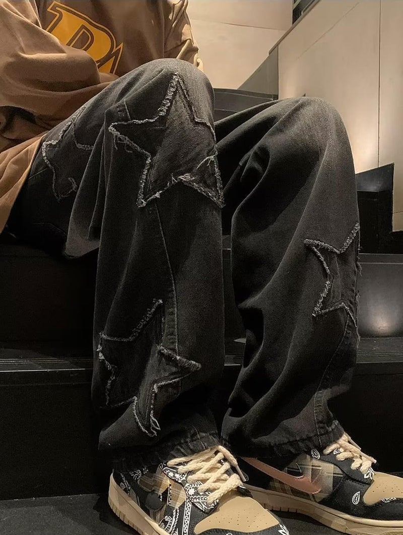 HBER Mens Y2k Star Jeans High Waisted Hip Hop Streetwear Jeans Loose Baggy Embroidery Aesthetic Harajuku Denim Pants Black - Image 2