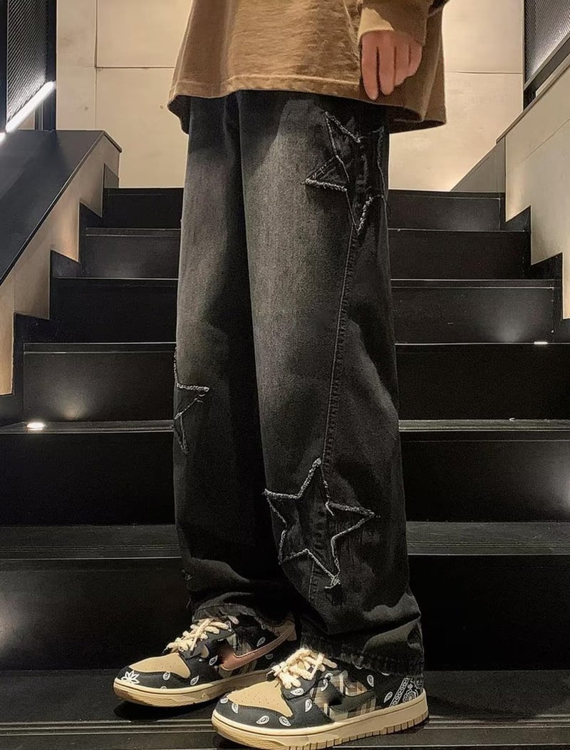 HBER Mens Y2k Star Jeans High Waisted Hip Hop Streetwear Jeans Loose Baggy Embroidery Aesthetic Harajuku Denim Pants Black - Image 5