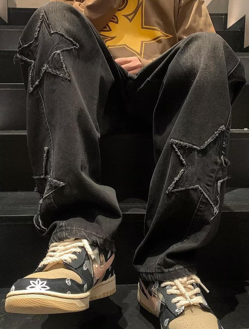 HBER Mens Y2k Star Jeans High Waisted Hip Hop Streetwear Jeans Loose Baggy Embroidery Aesthetic Harajuku Denim Pants Black - Image 4