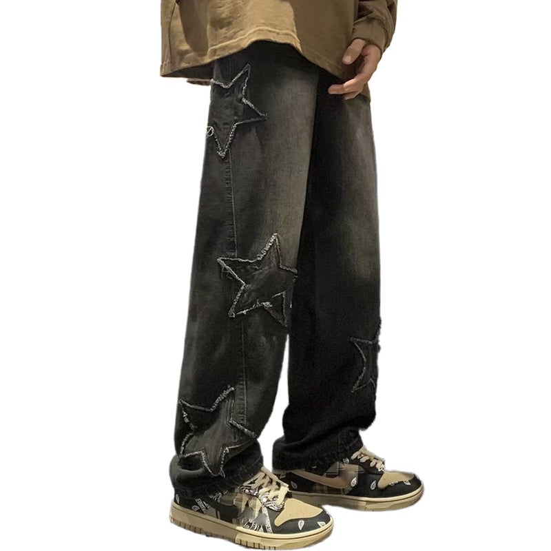 HBER Mens Y2k Star Jeans High Waisted Hip Hop Streetwear Jeans Loose Baggy Embroidery Aesthetic Harajuku Denim Pants Black - Image 1