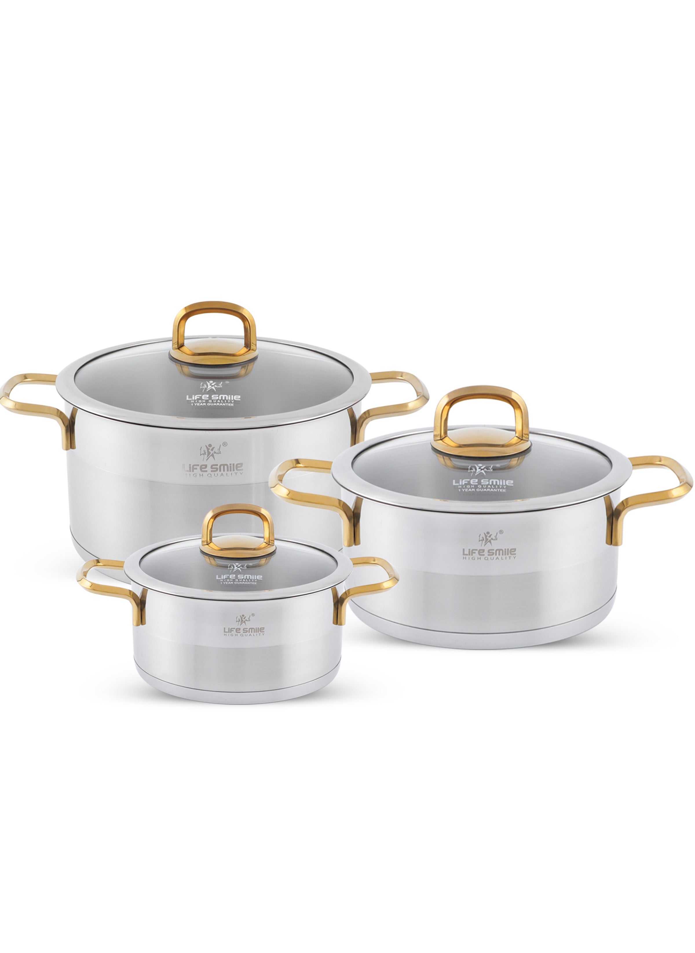 Life Smile Premium 18/10 Stainless Steel Cookware Set - Pots and Pans Set Induction 3-Ply Kitchen Cooking Set Thick Base for Even Heating Includes Casserroles 16/20/24cm Oven Safe Silver Gold 