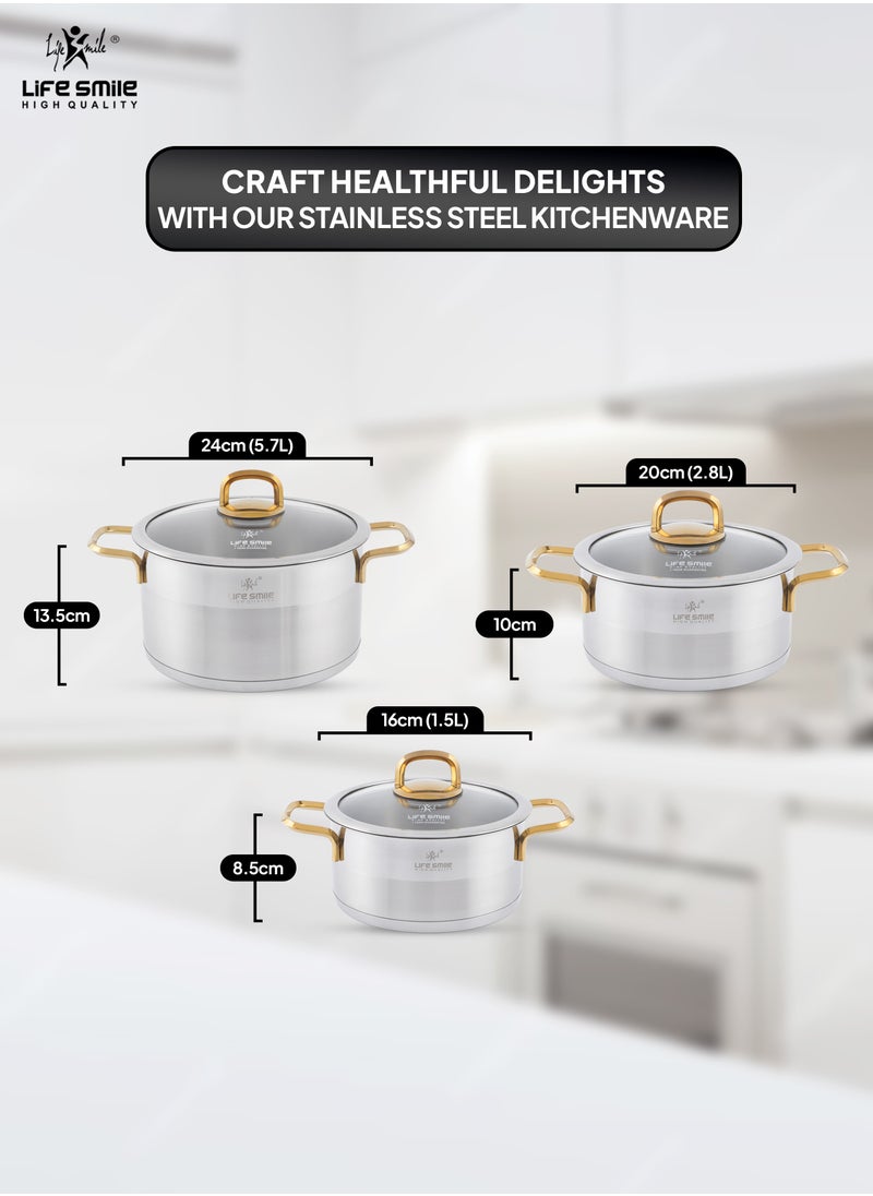 Premium 18/10 Stainless Steel Cookware Set - Pots and Pans Set Induction 3-Ply Kitchen Cooking Set Thick Base for Even Heating Includes Casserroles 16/20/24cm Oven Safe Silver Gold - pzsku/Z66BE6883DF8C10E4A489Z/45/_/1711611747/8461b1f4-5b6d-448a-a23a-f56bf904a0ef