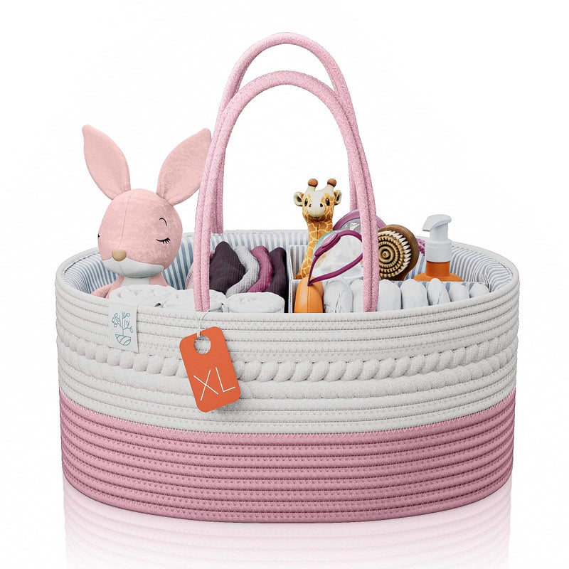 KiddyCare Woven Diaper Caddy Organizer, Large Gray Multi Functional Portable Baby Basket with Handle, Baby Gift for Boy/Girl Nursery Storage, Organization, and Modern Car Diaper Caddy Pink X-Large - Image 4