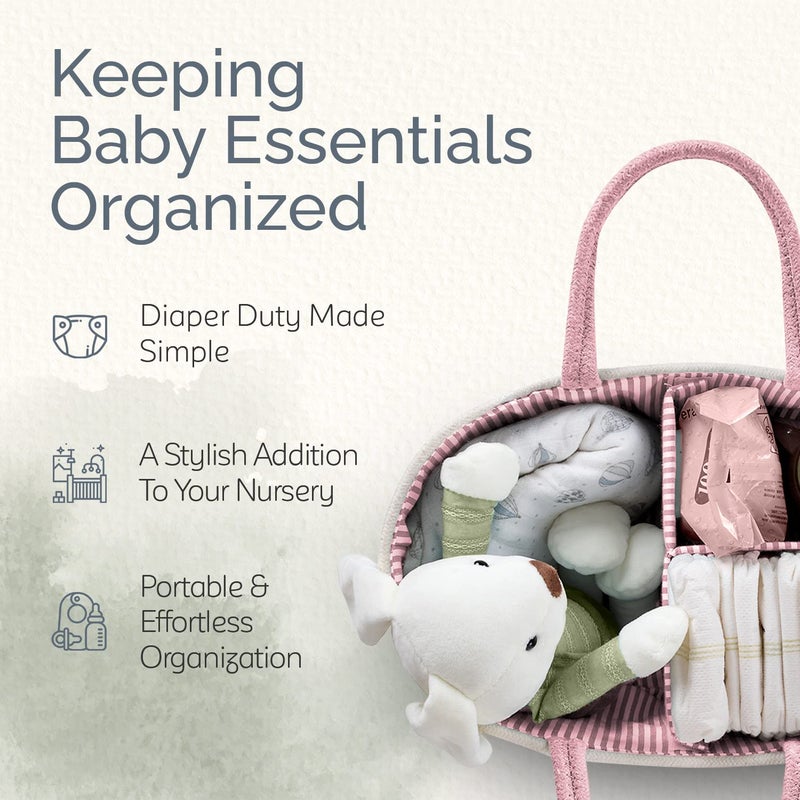 KiddyCare Woven Diaper Caddy Organizer, Large Gray Multi Functional Portable Baby Basket with Handle, Baby Gift for Boy/Girl Nursery Storage, Organization, and Modern Car Diaper Caddy Pink X-Large - Image 2