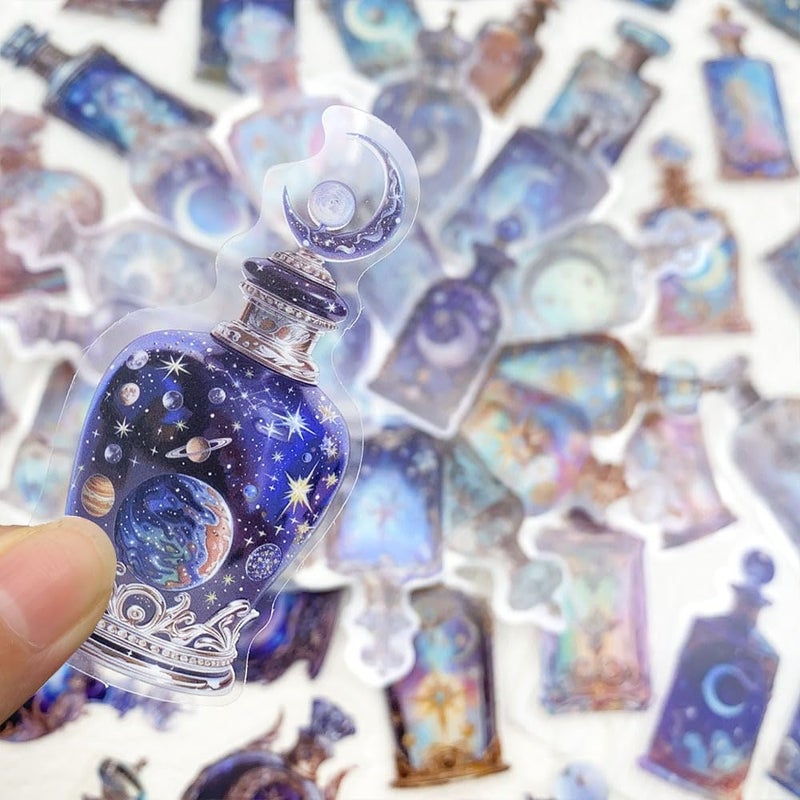 YOKSAS 50PCS Lunar Phase Crystal Bottle Stickers â€“ Clear Watercolor Moon & Star Aesthetic Celestial Sticker for Journals, Scrapbooking, Art Decoration - Image 3