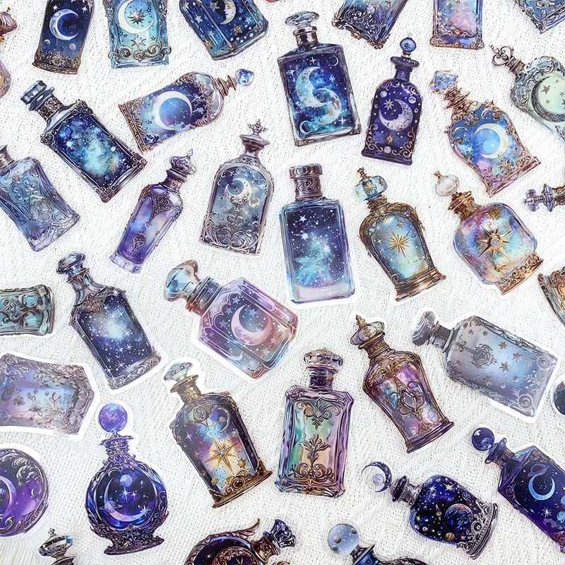 YOKSAS 50PCS Lunar Phase Crystal Bottle Stickers â€“ Clear Watercolor Moon & Star Aesthetic Celestial Sticker for Journals, Scrapbooking, Art Decoration - Image 2
