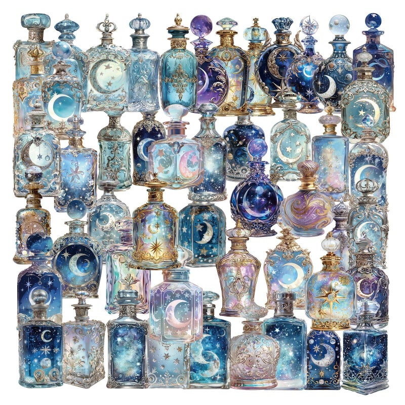 YOKSAS 50PCS Lunar Phase Crystal Bottle Stickers â€“ Clear Watercolor Moon & Star Aesthetic Celestial Sticker for Journals, Scrapbooking, Art Decoration - Image 1
