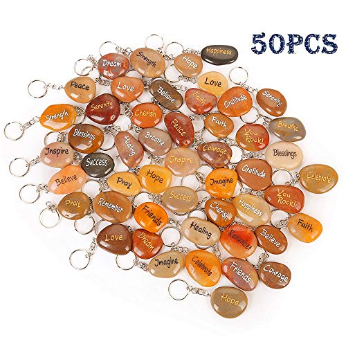 ROCKIMPACT 50PCS Inspirational Stones Key Chains, Engraved Natural River Rock Key Rings Keychains, Healing Stone Keychain Bulk Lot, Different Words Assorted Sayings (50 Pieces) - Image 3