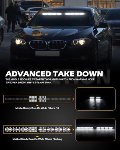 HLauto 604N Emergency Dash Strobe Lights: 2x16.8 inch White Security Light w/Take Down, 48 LED Safety Flashing Warning Hazard Interior Windshield Visor Light Bar for Trucks Vehicles - Image 4