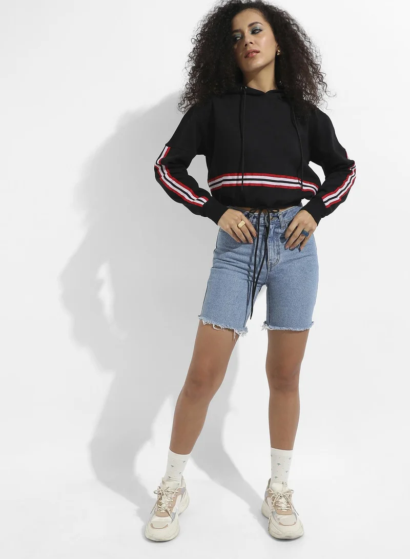 Campus Sutra Women's Black Tie-Up Waist Hoodie With Contrast Striped Sleeves